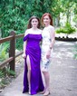 Sheath/Column Off-the-shoulder Silk-like Satin Floor-length Split Front Prom Dresses