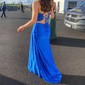 Sheath/Column V-neck Satin Prom Dresses With Beading
