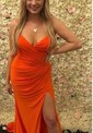 Sheath/Column V-neck Glitter Prom Dresses With Ruched