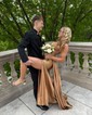Sheath/Column V-neck Ruched Satin Prom Dresses With Beading