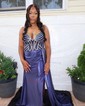 Sheath/Column V-neck Ruched Satin Prom Dresses With Beading