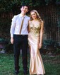 Sheath/Column V-neck Satin Corset Prom Dresses With Appliques
