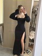 Elegant Black Stretch Crepe Bodycon Ruffle Prom Dresses
