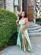 A-line Cowl Neck Satin Prom Dresses with Slit