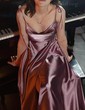A-line Cowl Neck Satin Prom Dresses with Slit