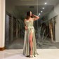 A-line Cowl Neck Satin Prom Dresses with Slit