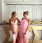 Petite Sheath/Column Satin V-neck Lace-Up Split Prom Dresses