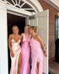 Petite Sheath/Column Satin V-neck Lace-Up Split Prom Dresses