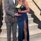 Petite Sheath/Column Satin V-neck Lace-Up Split Prom Dresses