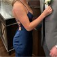 Petite Sheath/Column Satin V-neck Lace-Up Split Prom Dresses