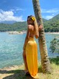Petite Sheath/Column Satin V-neck Lace-Up Split Prom Dresses