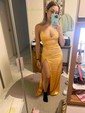 Petite Sheath/Column Satin V-neck Lace-Up Split Prom Dresses