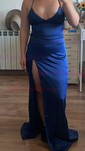 Petite Black Satin Sheath/Column V-neck Split Prom Dresses