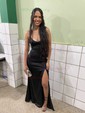 Petite Black Satin Sheath/Column V-neck Split Prom Dresses