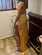 Petite Burgundy Satin Sheath/Column V-neck Split Prom Dresses