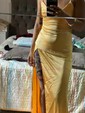 Petite Burgundy Satin Sheath/Column V-neck Split Prom Dresses