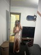 Petite Gold Satin Sheath/Column V-neck Split Prom Dresses