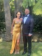 Petite Gold Satin Sheath/Column V-neck Split Prom Dresses