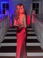 Petite Gold Satin Sheath/Column V-neck Split Prom Dresses