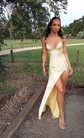 Petite Gold Satin Sheath/Column V-neck Split Prom Dresses