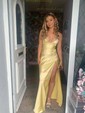 Petite Gold Satin Sheath/Column V-neck Split Prom Dresses