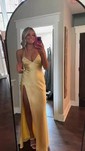 Petite Gold Satin Sheath/Column V-neck Split Prom Dresses