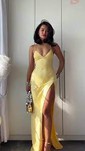 Petite Gold Satin Sheath/Column V-neck Split Prom Dresses