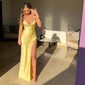 Petite Gold Satin Sheath/Column V-neck Split Prom Dresses