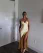 Petite Sheath/Column Satin V-neck Lace-Up Split Prom Dresses