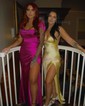 Petite Sheath/Column Satin V-neck Lace-Up Split Prom Dresses