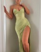 Petite Sheath/Column Satin V-neck Lace-Up Split Prom Dresses