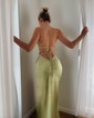 Petite Sheath/Column Satin V-neck Lace-Up Split Prom Dresses