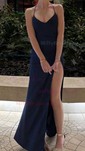 Petite Sheath/Column Satin V-neck Lace-Up Split Prom Dresses