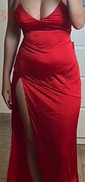 Petite Sheath/Column Satin V-neck Lace-Up Split Prom Dresses
