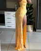 Petite Sheath/Column Satin V-neck Lace-Up Split Prom Dresses