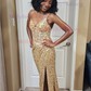 Sheath/Column V-neck Sparkly Sequin Prom Dresses With Appliques