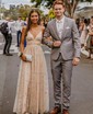 A-line V-neck Ruched Tulle Prom Dresses With Star