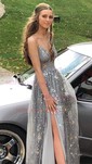 A-line V-neck Ruched Tulle Prom Dresses With Star