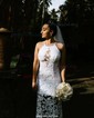White Mermaid Scoop Neck Lace Prom Dresses With Split