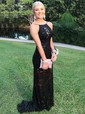White Mermaid Scoop Neck Lace Prom Dresses With Split