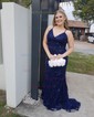 Trumpet/Mermaid V-neck Tulle Sweep Train Prom Dresses With Sequins