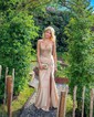 Sheath/Column V-neck Ruched Jersey Prom Dresses With Appliques