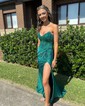 Sheath/Column V-neck Ruched Jersey Prom Dresses With Appliques
