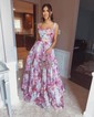 Ball Gown Cowl Neck Chiffon Floral Prom Dresses With Ruched