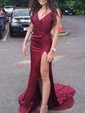 Sheath/Column V-neck Satin Prom Dresses With Ruched