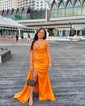 Sheath/Column V-neck Satin Prom Dresses With Ruched