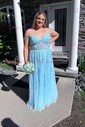 Sheath/Column Strapless Tulle Beaded Prom Dresses With Appliques