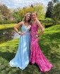 Sheath/Column Strapless Tulle Beaded Prom Dresses With Appliques