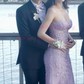 Sheath/Column Strapless Tulle Beaded Prom Dresses With Appliques