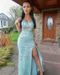 Sheath/Column V-neck Tulle Prom Dresses With Appliques